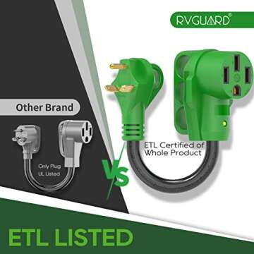 RVGUARD 30 Amp to 50 Amp RV Adapter Cord 12 Inch, NEMA TT-30P to NEMA 14-50R, Dogbone Electrical Converter with LED Power Indicator and Disconnect Handle, Green, ETL Listed