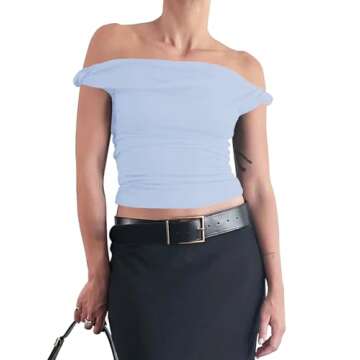 Tankaneo Women's Off The Shoulder Slim Fit Stretchy Y2K Casual Top in Blue