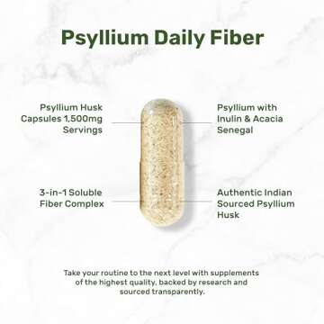 Psyllium Husk 1500mg Per Serving, 300 Capsules – 3 in 1 Fiber Supplement with Inulin & Acacia Complex – Natural Soluble Fiber, Supports Digestive Health – Plant Based, Non-GMO