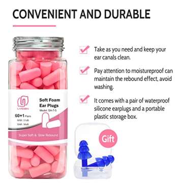 LYSIAN Ultra Soft Foam Ear Plugs for Sleep Noise Reduction -38dB Noise Cancelling Earplugs for Sleeping, Snoring, Shooting, Travel, Women-60 Pairs-Pink Color