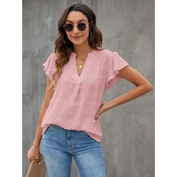 Blooming Jelly Womens White Blouse V Neck Ruffle Sleeve Flowy Shirts Dressy Casual Cute Summer Tops(X-Largr, Dusty Rose)