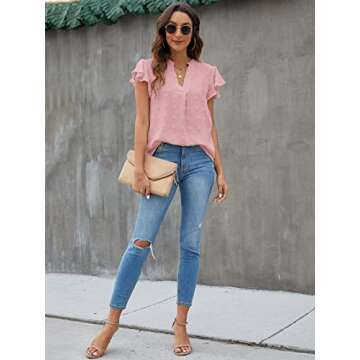 Blooming Jelly Womens White Blouse V Neck Ruffle Sleeve Flowy Shirts Dressy Casual Cute Summer Tops(X-Largr, Dusty Rose)