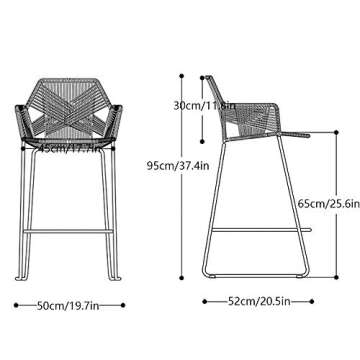 Beige Rattan Bar Stool Home Décor Rattan Wicker Barstools Chair with Footrest & Back, High Bar Stool with Black Metal Base, for Kitchen Pub Café Counter Home Back Rattan Dining Chair (2 Piece Set)