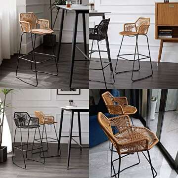 Beige Rattan Bar Stool Home Décor Rattan Wicker Barstools Chair with Footrest & Back, High Bar Stool with Black Metal Base, for Kitchen Pub Café Counter Home Back Rattan Dining Chair (2 Piece Set)