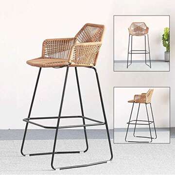 Beige Rattan Bar Stool Home Décor Rattan Wicker Barstools Chair with Footrest & Back, High Bar Stool with Black Metal Base, for Kitchen Pub Café Counter Home Back Rattan Dining Chair (2 Piece Set)