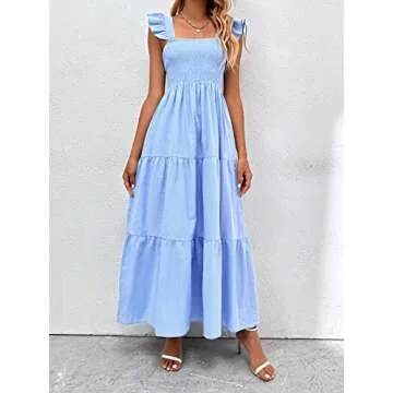 MakeMeChic Women's Summer Beach Boho Dress Casual Floral Spaghetti Strap Square Neck Long Maxi Sun Dresses Blue L