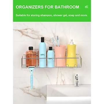 SMARTAKE 2-Pack Shower Caddy, Rustproof Bathroom Shelf Organizer with Hooks for Hanging Razor Sponge Brush, SUS304 Stainless Steel Wall Rack for Dorm, Toilet, Bath and Kitchen, Silver