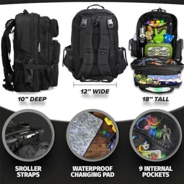 ActiveDoodie Dad Diaper Bag for Men with Removable Patches, Waterproof Tri-fold Changing Pad, Insulated Pouches, Molle Webbing, YKK Zippers, Black