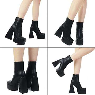 Goiphrri Womens Chunky Heel Ankle Boots Platform Block High Square Toe Zipper Punk Combat Motorcycle Mid Calf Boots For Women Black Boots