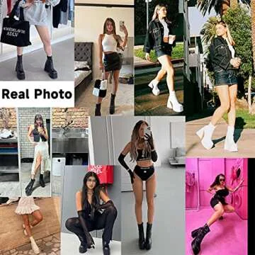 Goiphrri Womens Chunky Heel Ankle Boots Platform Block High Square Toe Zipper Punk Combat Motorcycle Mid Calf Boots For Women Black Boots