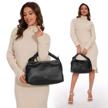 Vulkitty Hobo Bags For Women, Woven Leather Shoulder Purse Fashion Designer Ladies Top-Handle Handbag Black