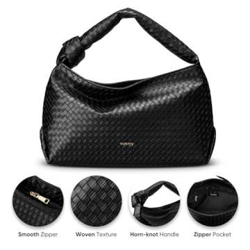 Vulkitty Hobo Bags For Women, Woven Leather Shoulder Purse Fashion Designer Ladies Top-Handle Handbag Black