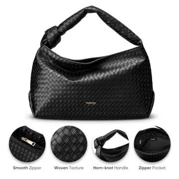 Vulkitty Hobo Bags For Women, Woven Leather Shoulder Purse Fashion Designer Ladies Top-Handle Handbag Black
