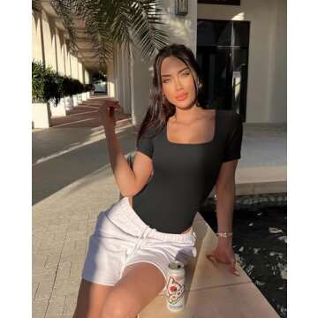 OQQ Women's 2 Piece Bodysuits Sexy Ribbed One Piece Square Neck Short Sleeve Bodysuits Black White