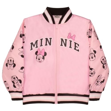 Disney Girls Bomber Jackets, Minnie Mouse Bomber Jackets for Girls (Pink/Black, Size 4/5)