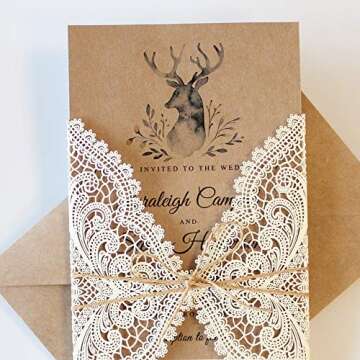 Picky Bride 50Pcs Vintage Lace Wedding Invitations Rustic Wedding Invites with Kraft Paper Insert Cards - Set of 50 pcs (Blank Wedding Invitations)