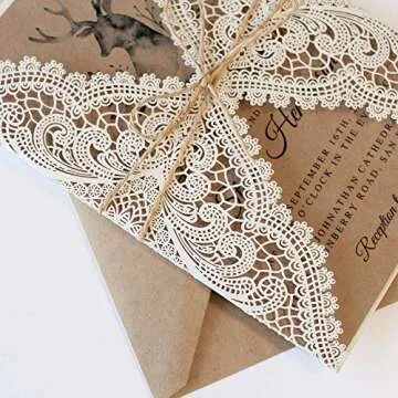 Picky Bride 50Pcs Vintage Lace Wedding Invitations Rustic Wedding Invites with Kraft Paper Insert Cards - Set of 50 pcs (Blank Wedding Invitations)
