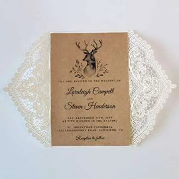 Picky Bride 50Pcs Vintage Lace Wedding Invitations Rustic Wedding Invites with Kraft Paper Insert Cards - Set of 50 pcs (Blank Wedding Invitations)