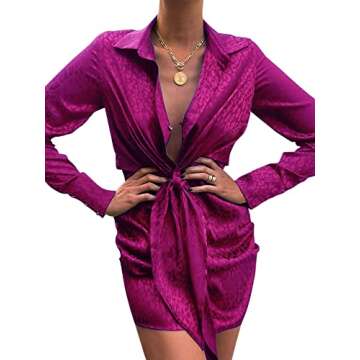 LYANER Women's Leopard Satin Deep Collar V Neck Tie Front Long Sleeve Mini Party Dress Purple Small