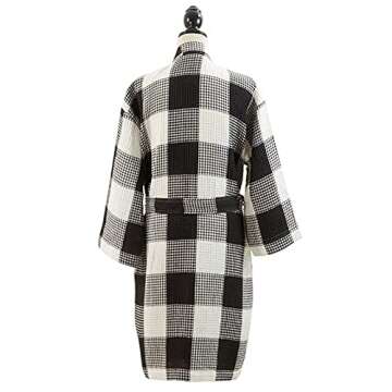 Fennco Styles Women Black Buffalo Plaid Waffle Weave 100% Cotton Bathrobe Lightweight Sleepwear Abso...
