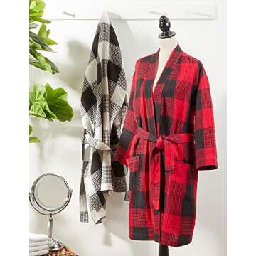 Fennco Styles Women Black Buffalo Plaid Waffle Weave 100% Cotton Bathrobe Lightweight Sleepwear Absorbent Spa Robe