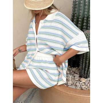 Tankaneo Womens Short Sleeve Striped Pajama Sets Color Block Crochet Knit Button Top and Shorts 2 Piece Lounge Sets