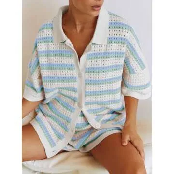 Tankaneo Womens Short Sleeve Striped Pajama Sets Color Block Crochet Knit Button Top and Shorts 2 Piece Lounge Sets