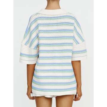 Tankaneo Womens Short Sleeve Striped Pajama Sets Color Block Crochet Knit Button Top and Shorts 2 Piece Lounge Sets