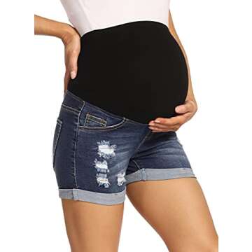 Foucome Maternity Denim Shorts Over Bump Ripped Distressed Folded Hem Blue Jean Shorts Comfy Summer Pregnancy Shorts