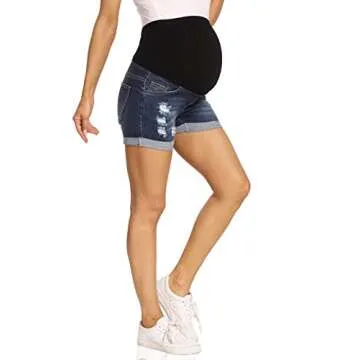 Foucome Maternity Denim Shorts Over Bump Ripped Distressed Folded Hem Blue Jean Shorts Comfy Summer Pregnancy Shorts