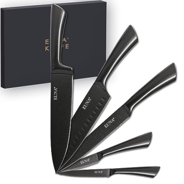 EUNA 5 PCS Kitchen Knife Set [Durable & Sharp], All Metal Chef Knife Set with Sheaths and Gift Box, ...