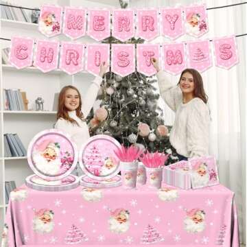 Christmas Party Supplies, 142Pcs Christmas Dinnerware Set Includes Pink Santa Claus Snowflake Napkin...