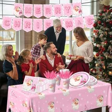 Christmas Party Supplies, 142Pcs Christmas Dinnerware Set Includes Pink Santa Claus Snowflake Napkins and Plates,Cups,Banner,Xmas Tablecloth for Merry Christmas Holiday Party