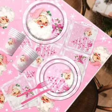 Christmas Party Supplies, 142Pcs Christmas Dinnerware Set Includes Pink Santa Claus Snowflake Napkins and Plates,Cups,Banner,Xmas Tablecloth for Merry Christmas Holiday Party