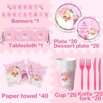 Christmas Party Supplies, 142Pcs Christmas Dinnerware Set Includes Pink Santa Claus Snowflake Napkins and Plates,Cups,Banner,Xmas Tablecloth for Merry Christmas Holiday Party