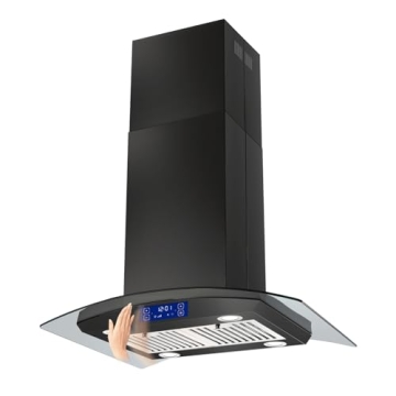 JOEAONZ 30 Inch Island Range Hood Black 700CFM, Gesture & Touch Panel Ceiling Mount Vent Hood, Stain...