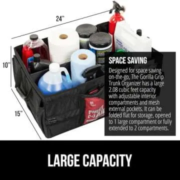GORILLA GRIP Large Capacity Sturdy Trunk Storage Organizer, Slip and Water Resistant Collapsible Organization Container for Car Sedan or SUV, Multi Compartment Container Box Vehicle Accessories, Black