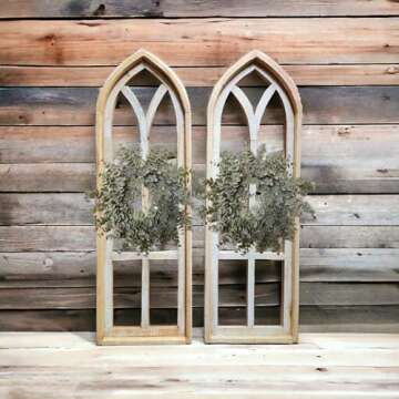Farmhouse Wooden Wall Windows Set of 2 -Rustic Cathedral Wood Windows- Dandelion