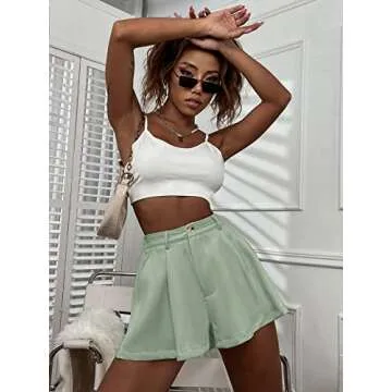 Verdusa Women's Elastic High Waist Pleated Wide Leg Shorts with Pocket Mint Green L