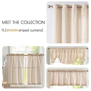 jinchan Tab Top Linen Kitchen Curtains 24 Inch Striped Tier Curtains Ticking Stripe Small Drapes for Living Room Bathroom Cafe Small Window Farmhouse Rustic Pinstripe Rod Pocket 2 Panels Tan