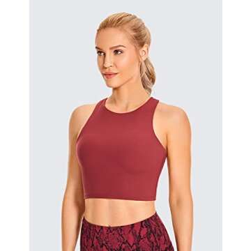CRZ YOGA Women's High Neck Longline Sports Bra - Padded Racerback Yoga Bra Crop Tank Top with Built in Shelf Bra Purplish Red Medium