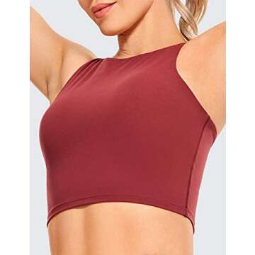 CRZ YOGA Women's High Neck Longline Sports Bra - Padded Racerback Yoga Bra Crop Tank Top with Built in Shelf Bra Purplish Red Medium