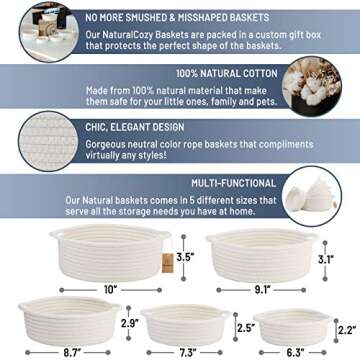 NaturalCozy 5-Piece Round Small Woven Baskets Set– Cotton Rope Baskets for Organizing! Montessori Toys, Fruits Remotes Key Tray Bowl for Entryway Desk, Shallow Catchall Home Décor, Cat Dog Bin Gift