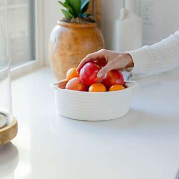 NaturalCozy 5-Piece Round Small Woven Baskets Set– Cotton Rope Baskets for Organizing! Montessori Toys, Fruits Remotes Key Tray Bowl for Entryway Desk, Shallow Catchall Home Décor, Cat Dog Bin Gift