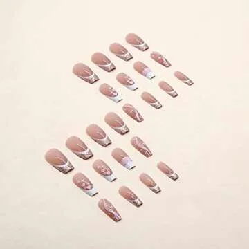 MISUD Press on Nails Long Coffin Fake Nails Glossy Glue on Nails Pink Acrylic Nails Ballerina Artificial Nails Bling Glitter French Tip Stick on False Nails with Desgin 24 pcs
