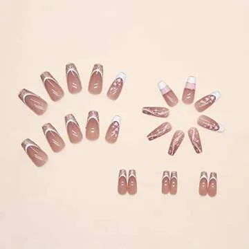 MISUD Press on Nails Long Coffin Fake Nails Glossy Glue on Nails Pink Acrylic Nails Ballerina Artificial Nails Bling Glitter French Tip Stick on False Nails with Desgin 24 pcs