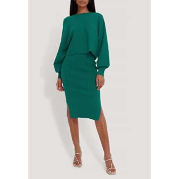 Pink Queen Women's 2 Piece Sweater Dress Puff Sleeve Oversized Crop Top Bodycon Midi Knit Skirt Lounge Set Green S