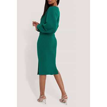 Pink Queen Women's 2 Piece Sweater Dress Puff Sleeve Oversized Crop Top Bodycon Midi Knit Skirt Lounge Set Green S
