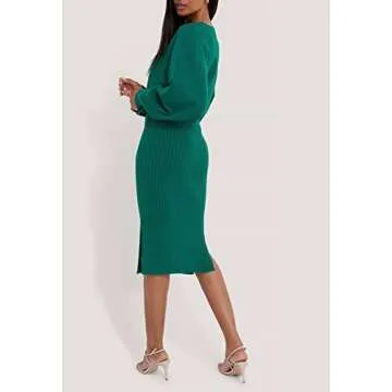 Pink Queen Women's 2 Piece Sweater Dress Puff Sleeve Oversized Crop Top Bodycon Midi Knit Skirt Lounge Set Green S
