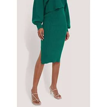 Pink Queen Women's 2 Piece Sweater Dress Puff Sleeve Oversized Crop Top Bodycon Midi Knit Skirt Lounge Set Green S